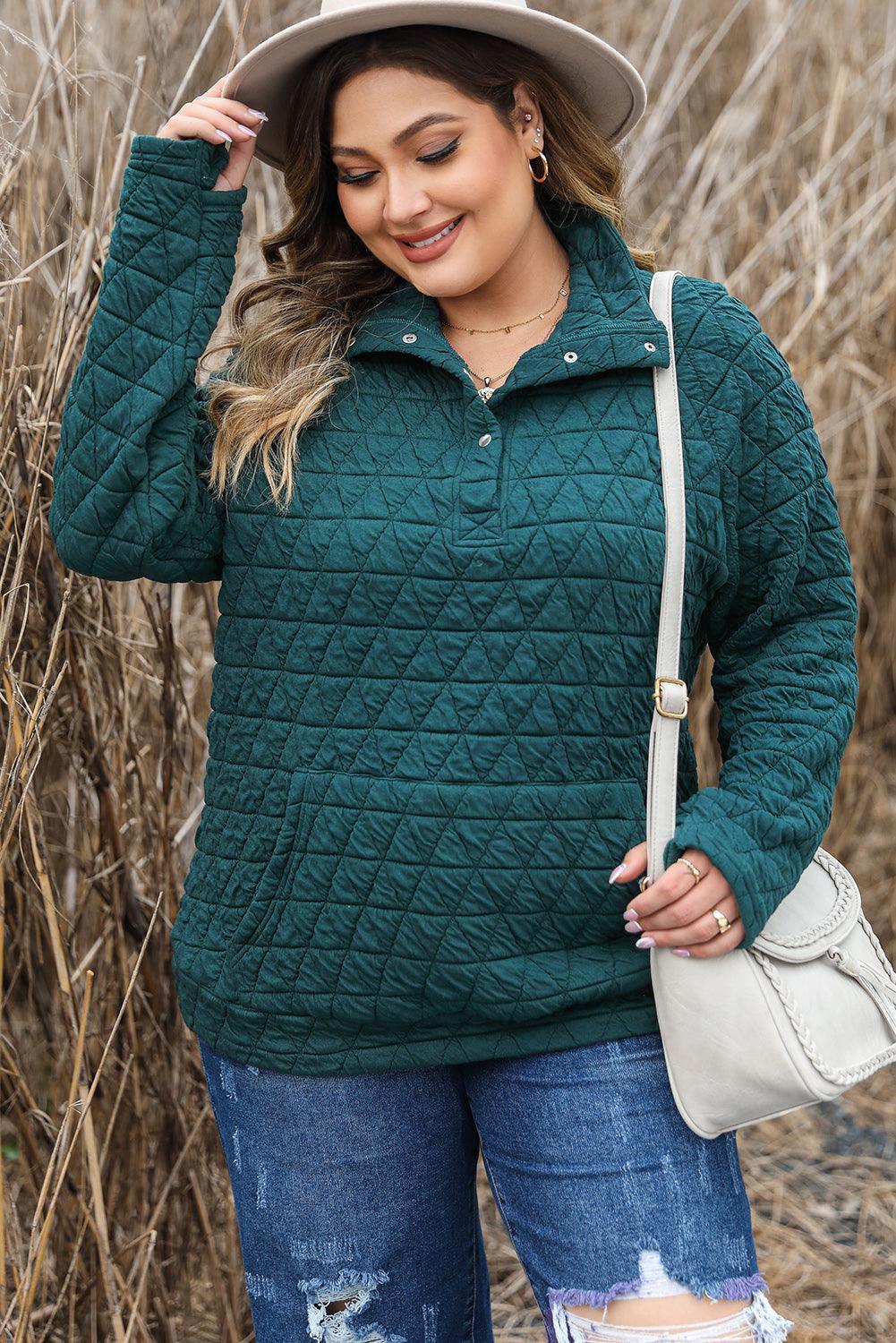 Plus Size Quarter Snap Quilted Sweatshirt - ClubOn