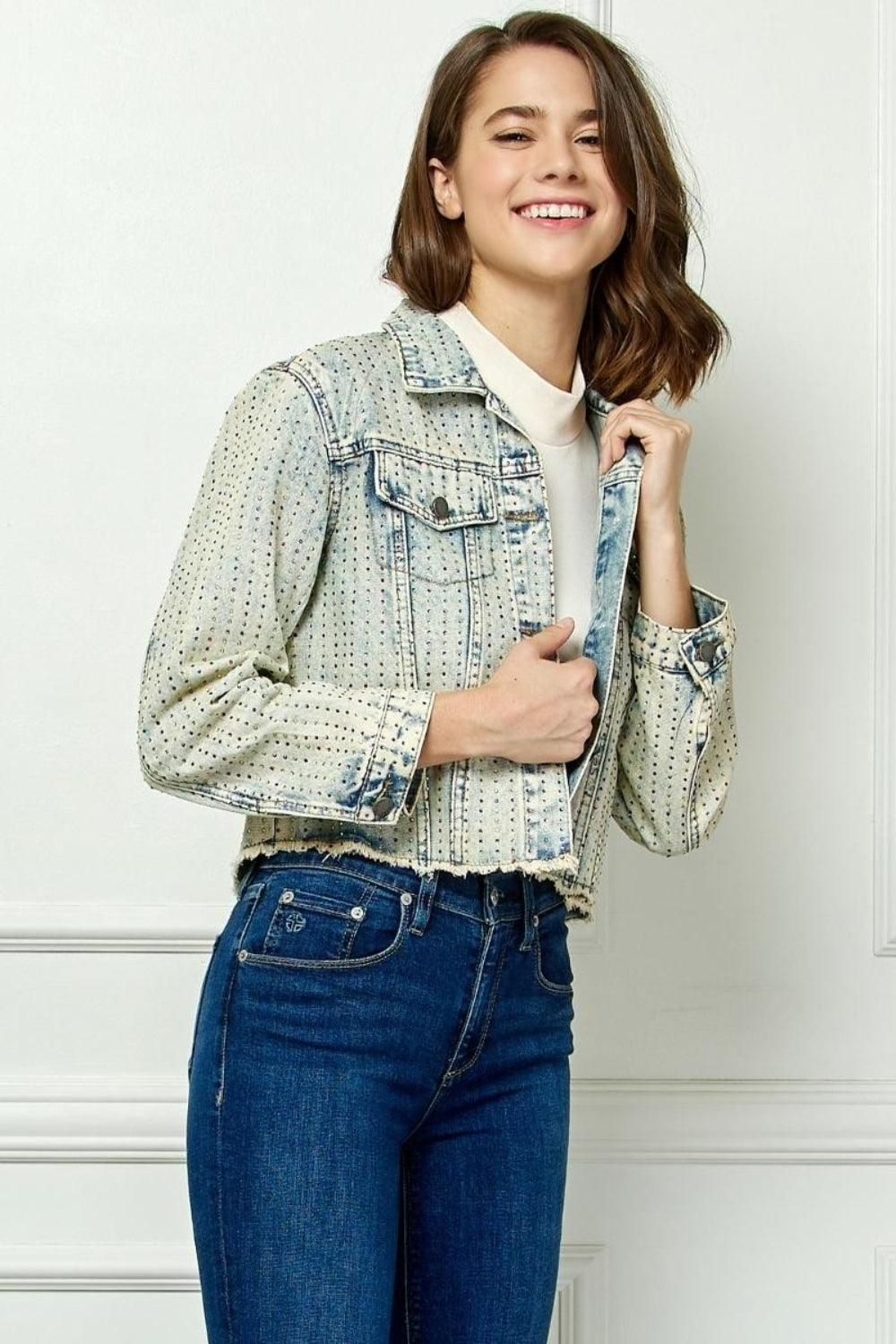 Veveret Multi Color Stripe Rhinestone Raw Hem Denim Jacket - ClubOn