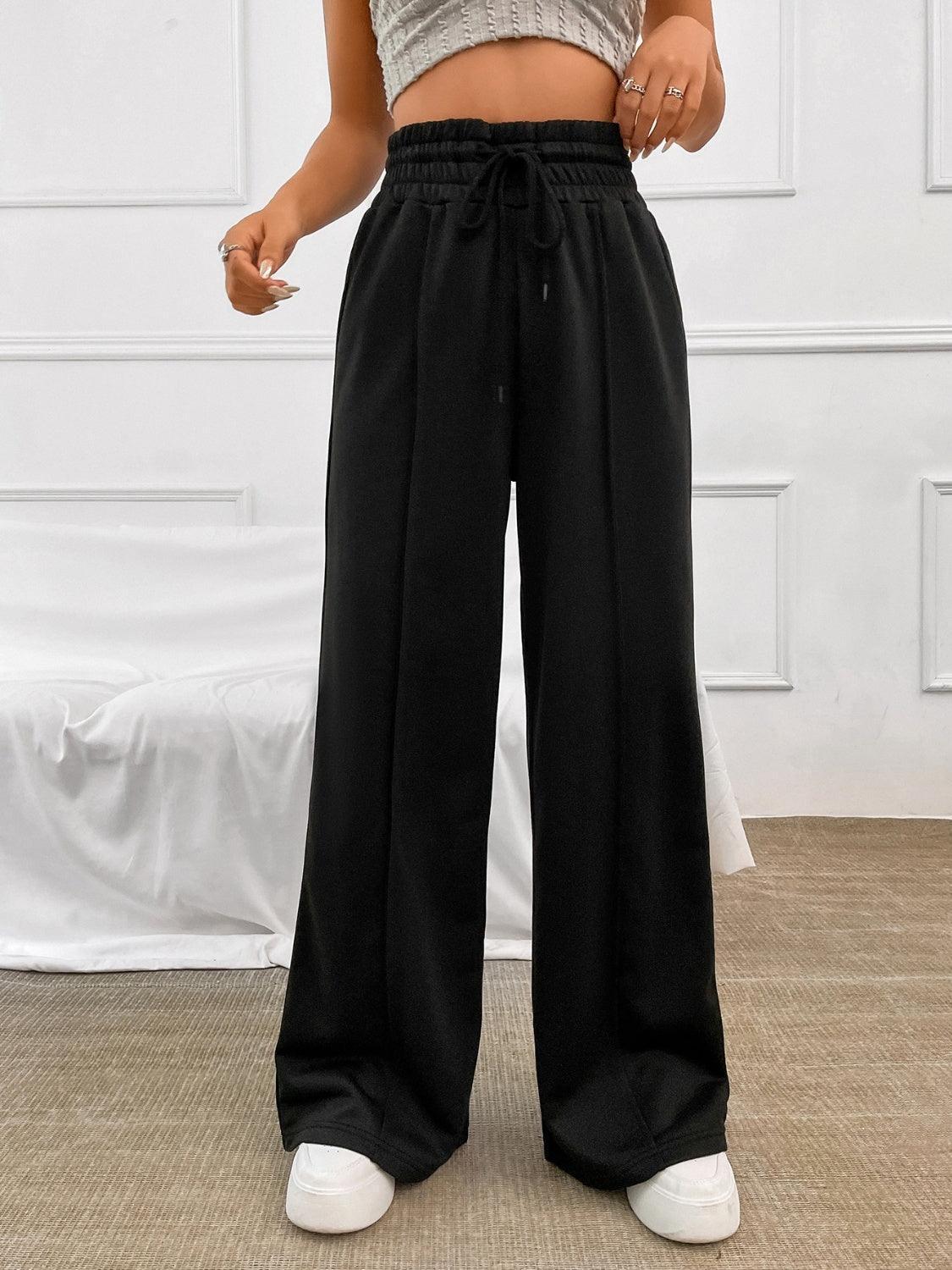 Honey Drawstring Elastic Waist Wide Leg Pants - ClubOn
