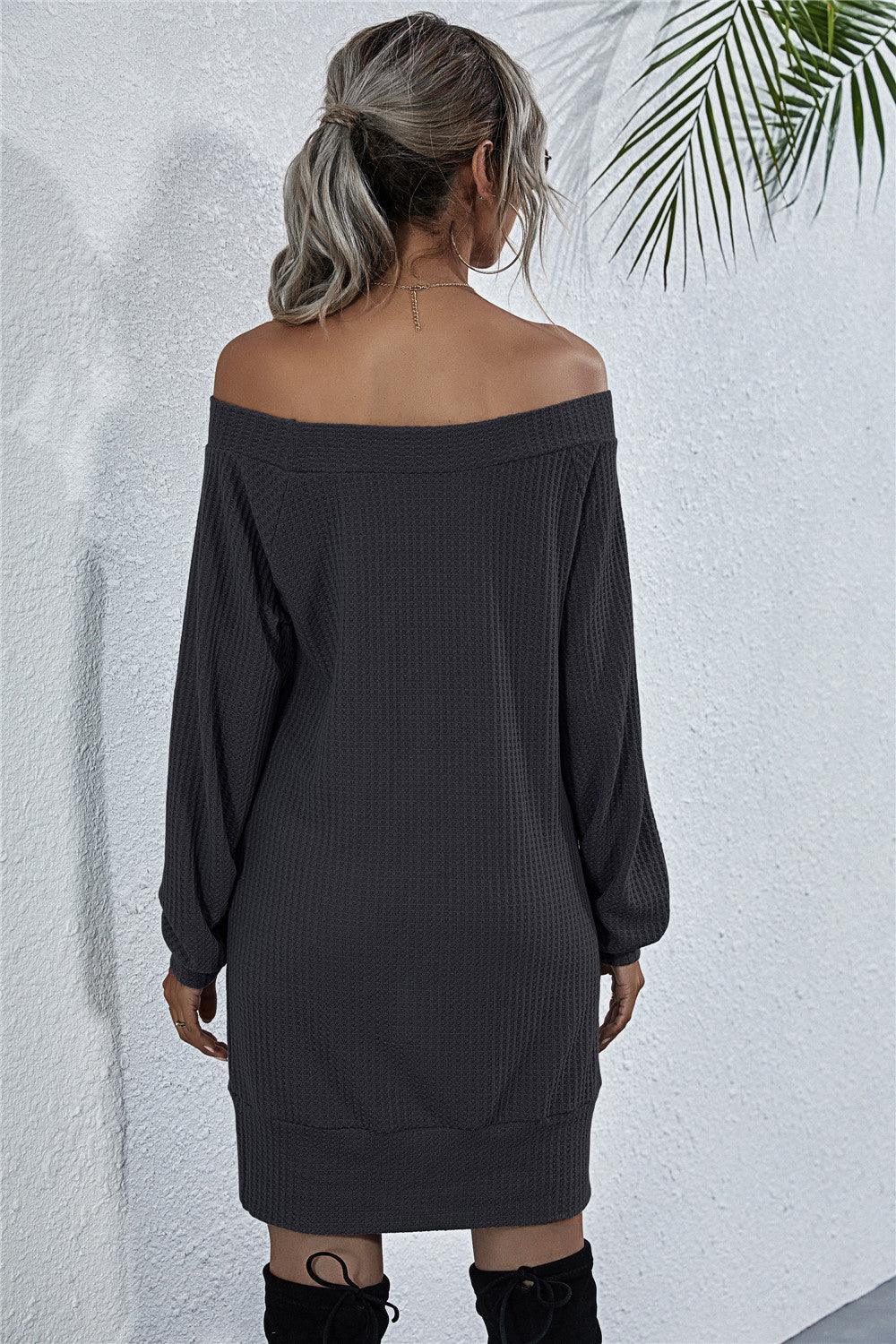 Waffle-Knit Boat Neck Mini Dress - ClubOn