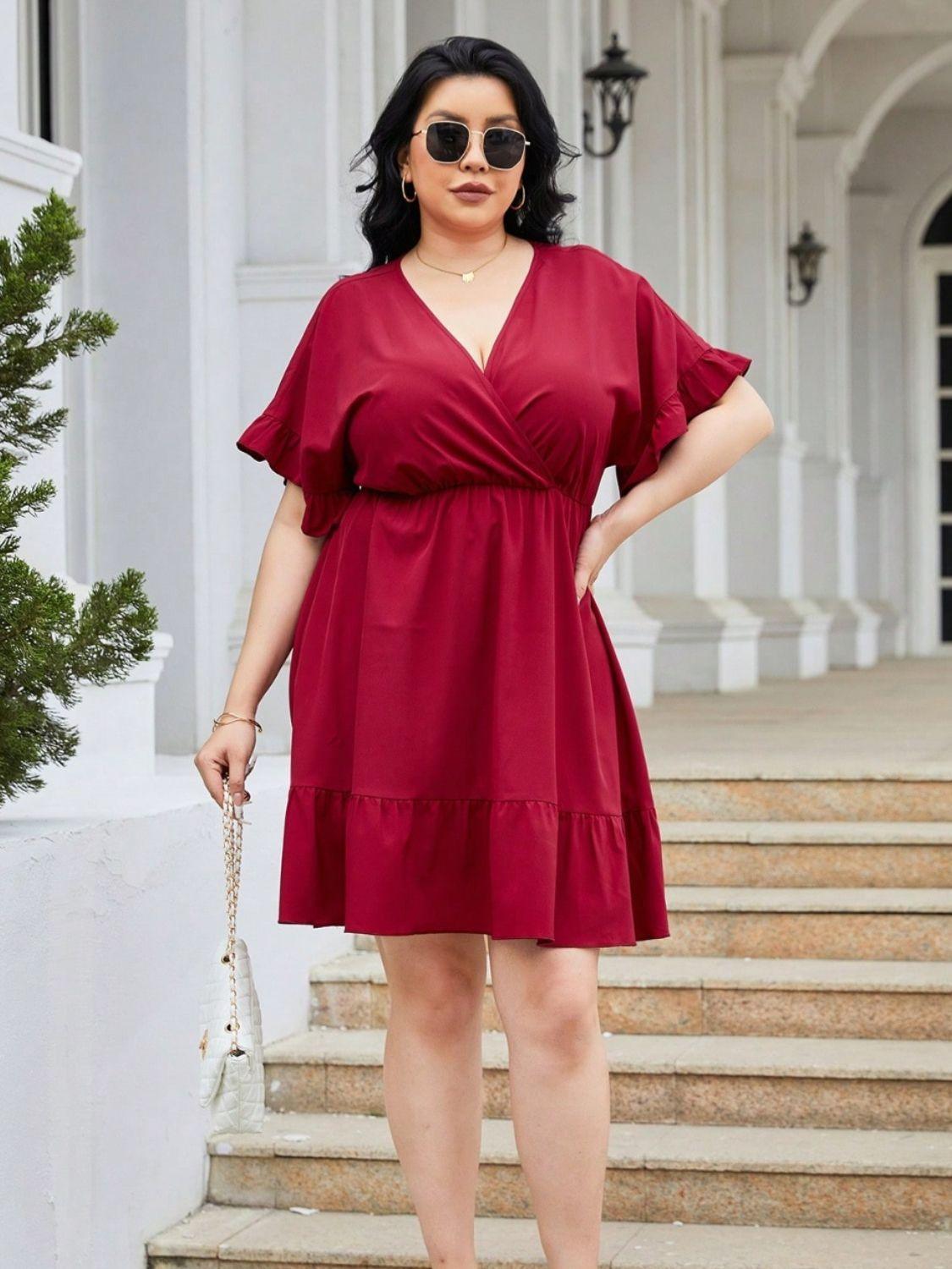 Plus Size Ruched Surplice Flounce Sleeve Mini Dress - ClubOn