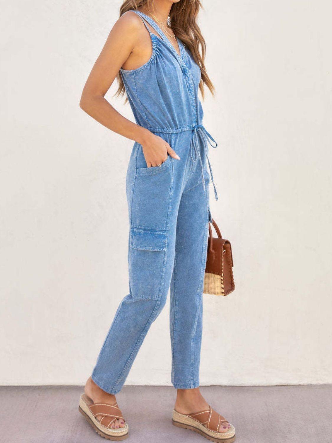 V-Neck Sleeveless Denim Jumpsuit - ClubOn