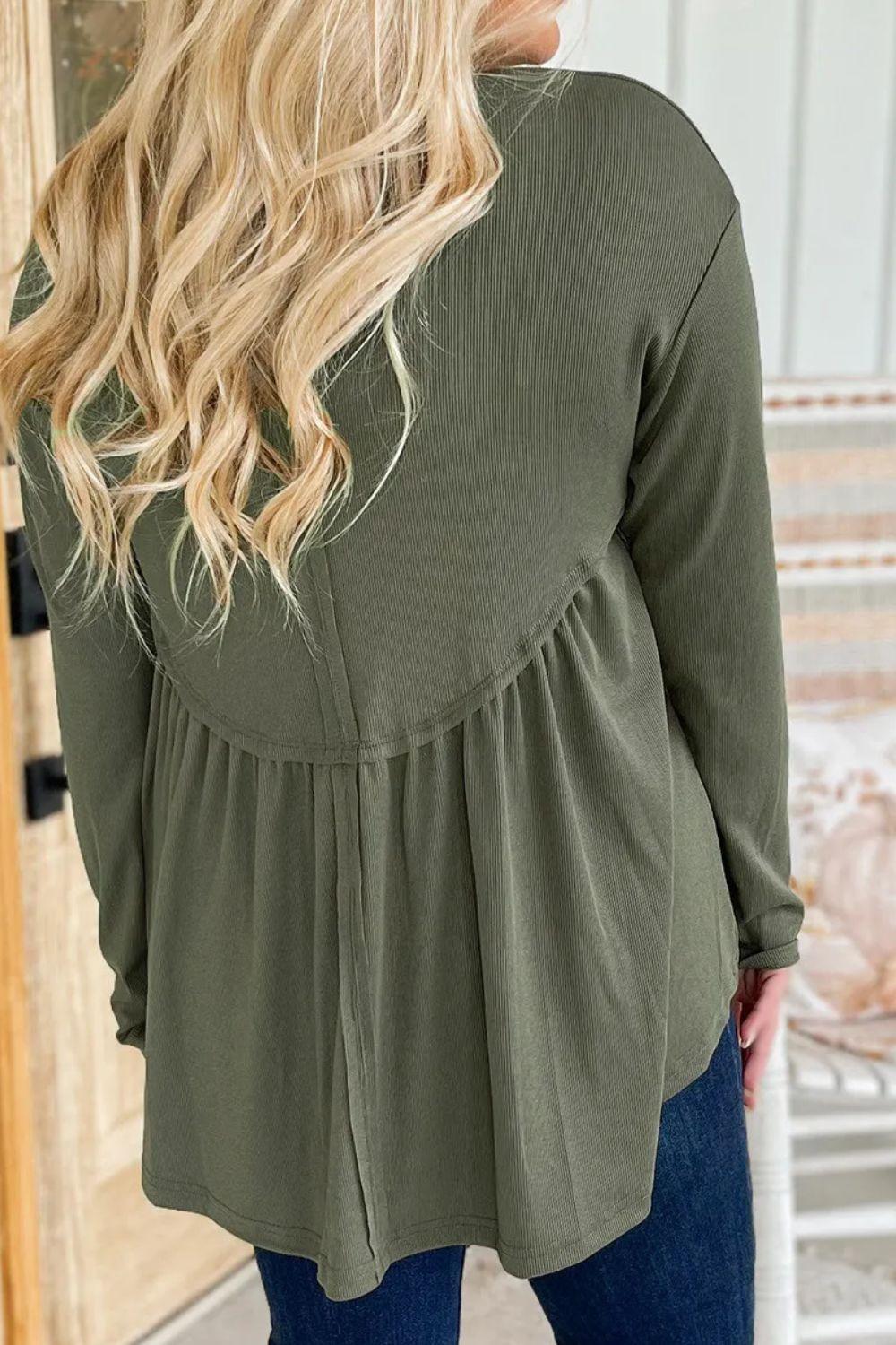 Plus Size Peplum Round Neck Long Sleeve Blouse - ClubOn