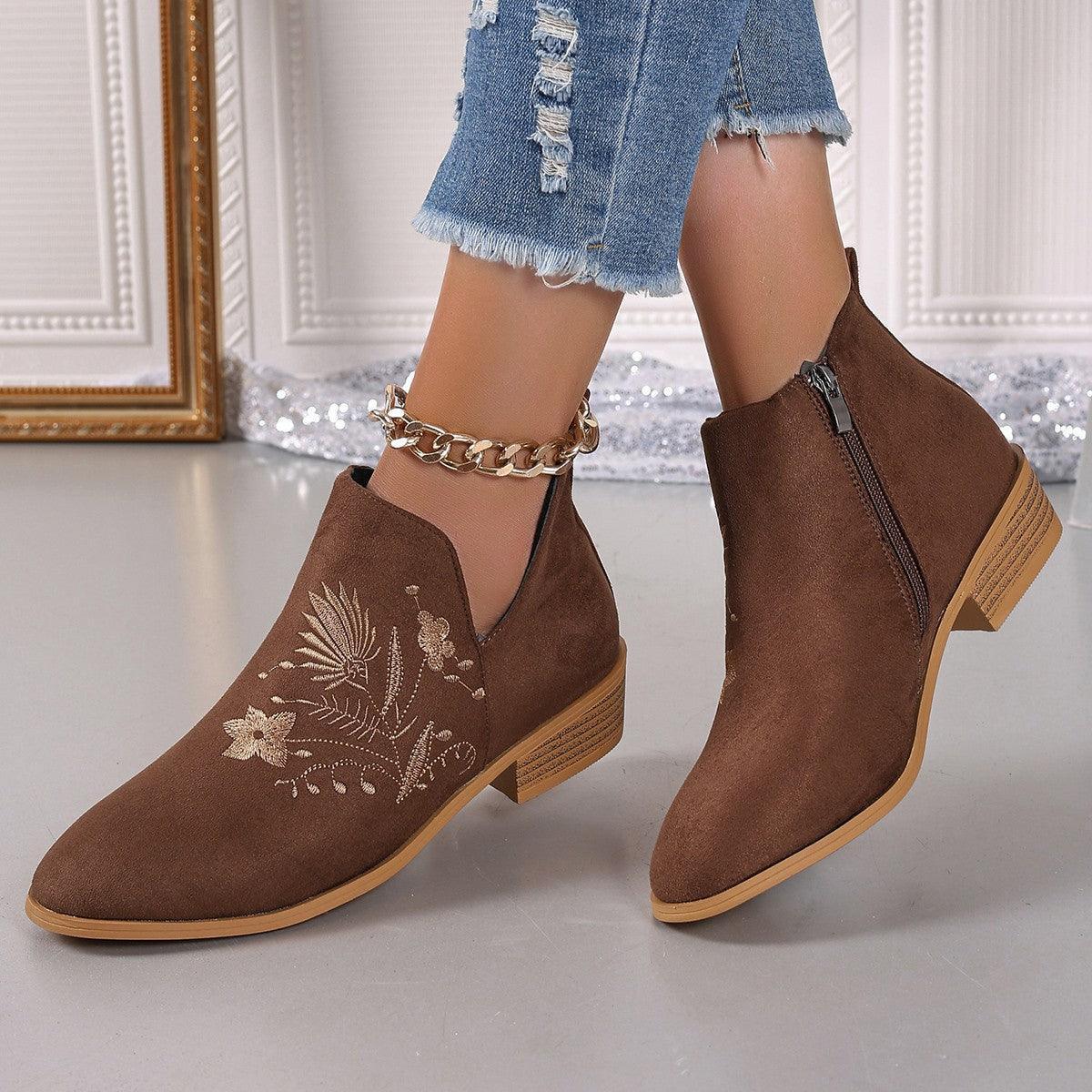 Embroidered Suede Point Toe Block Heel Boots - ClubOn