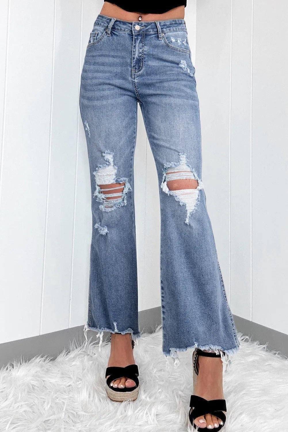 Distressed Raw Hem Bootcut Jeans - ClubOn