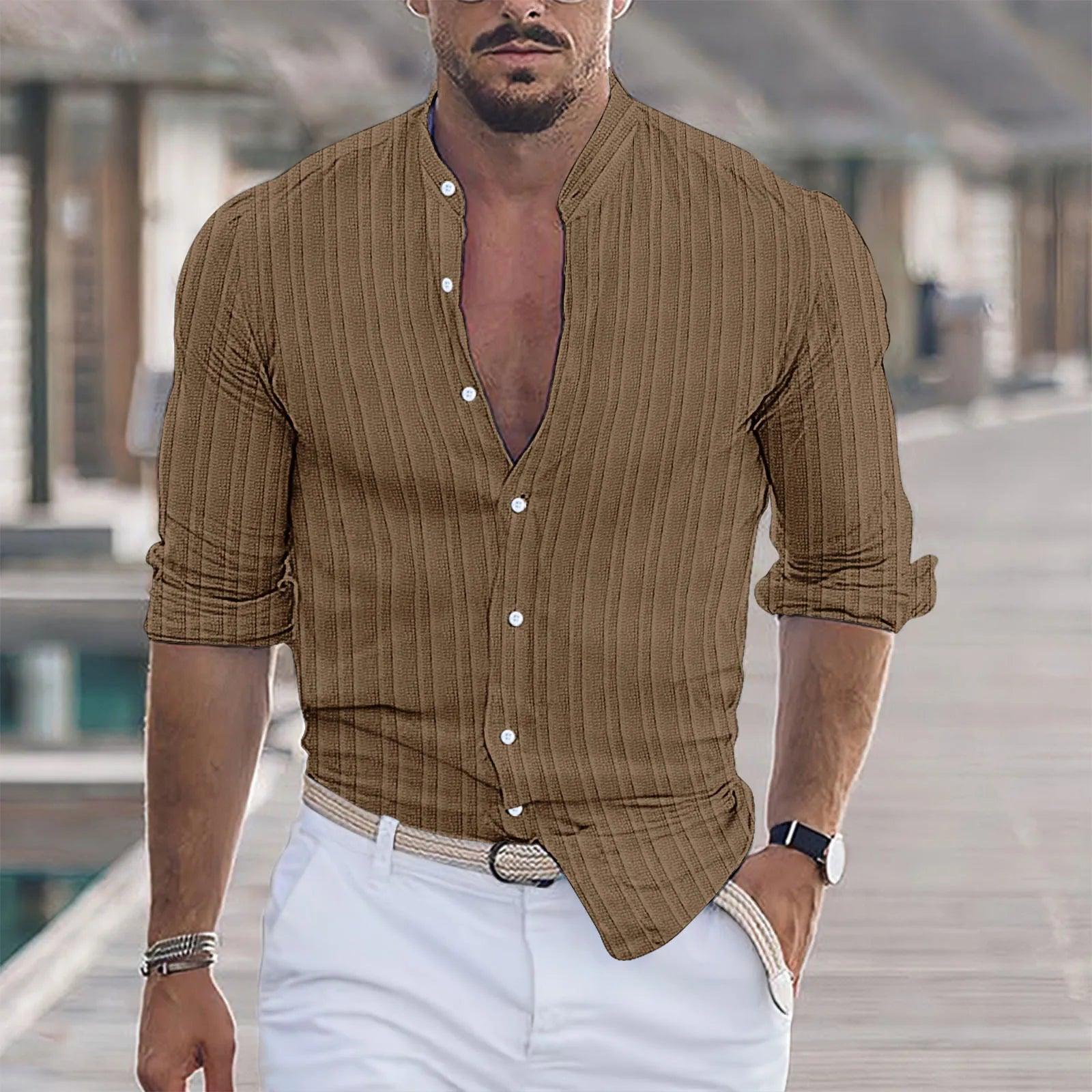 Men's Striped Long Sleeve Shirt - Casual Beach Style Top - ClubOn