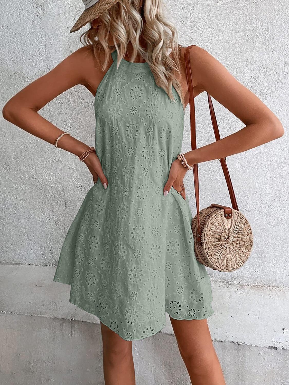 Eyelet Grecian Neck Mini Dress - ClubOn