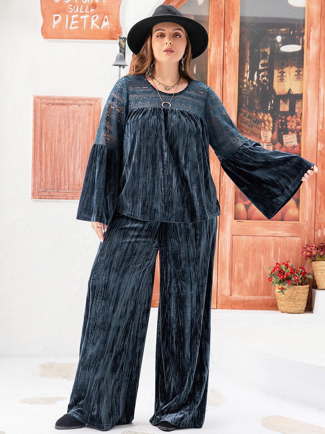 Plus Size Round Neck Flare Sleeve Top and Pants Set - ClubOn