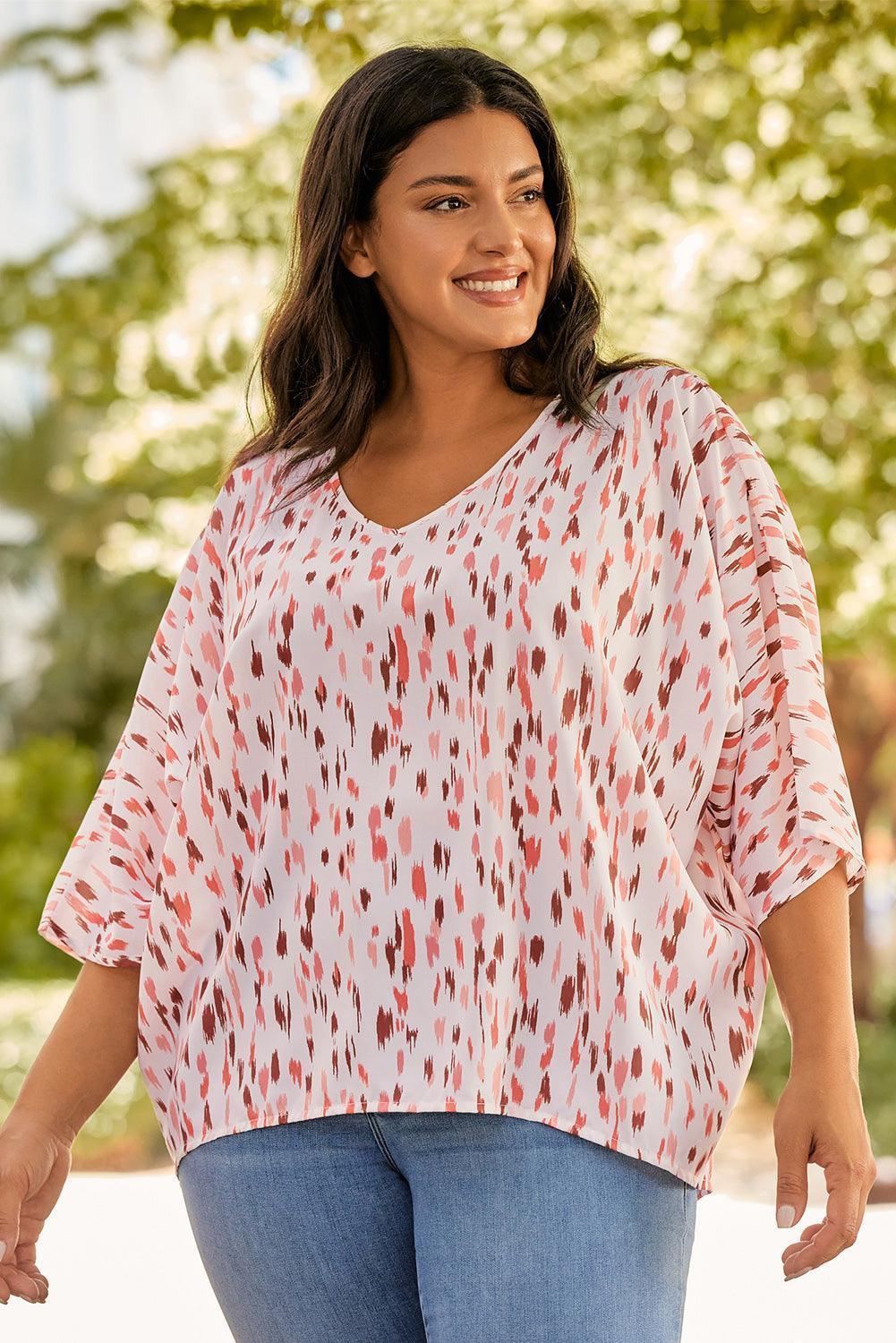 Plus Size Printed V-Neck Blouse - ClubOn
