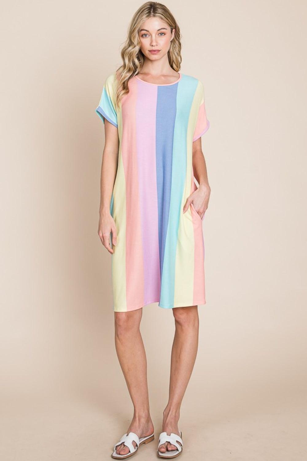 BOMBOM Striped Short Sleeve Dress with Pockets - ClubOn