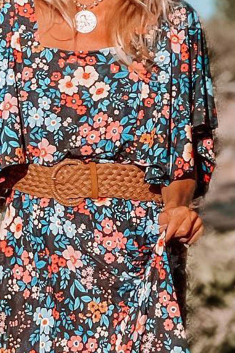 Tied Printed Round Neck Half Sleeve Dress - ClubOn