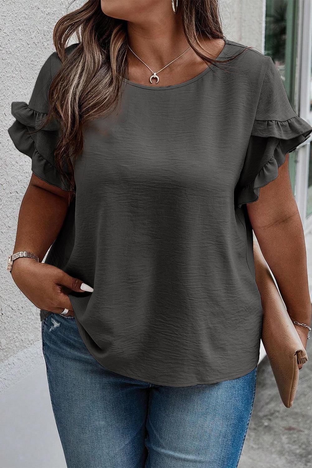 Plus Size Ruffled Round Neck Short Sleeve Blouse - ClubOn