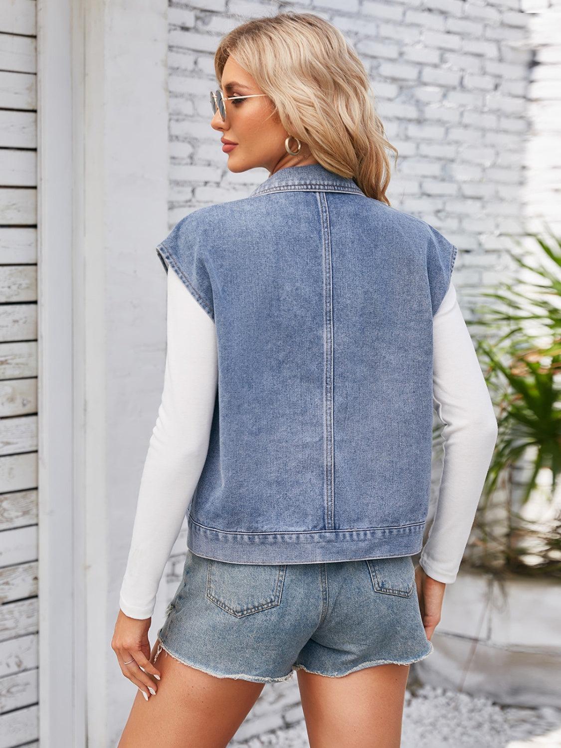 Cap Sleeve Denim Jacket with Pockets - ClubOn