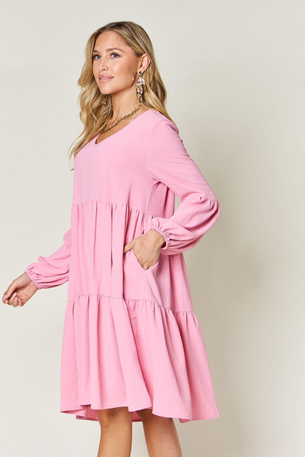 Double Take Full Size V-Neck Balloon Sleeve Tiered Dress with Pockets - ClubOn