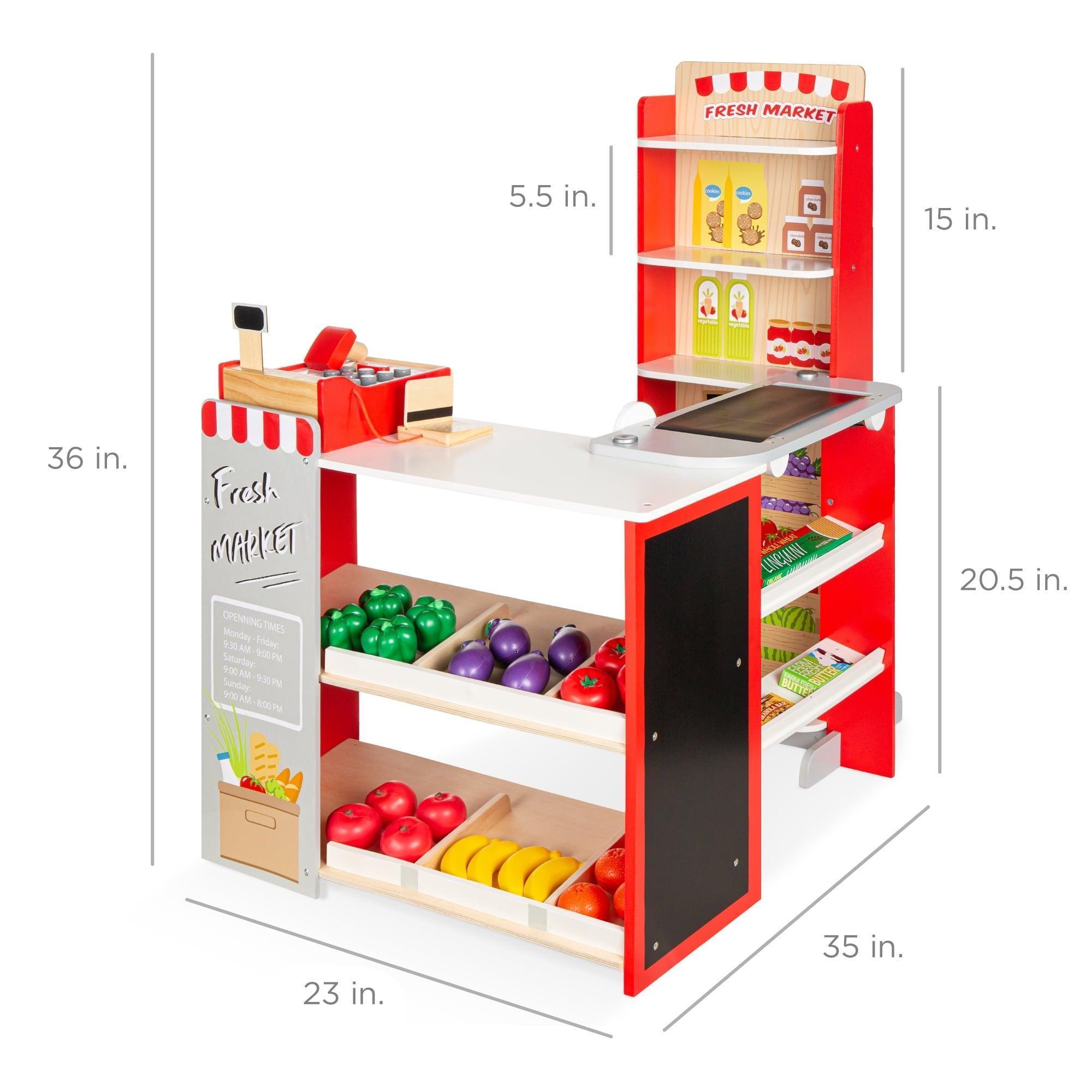 Best Choice Products Kids Pretend Play Grocery Store Wooden Supermarket Set with Chalkboard, Cash Register – Red - ClubOn