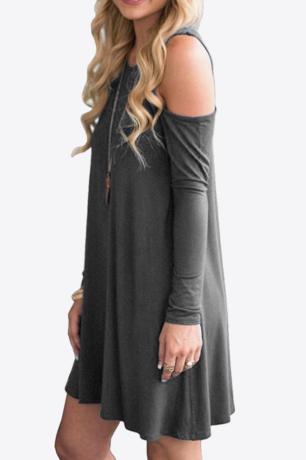 Cold-Shoulder Long Sleeve Round Neck Dress - ClubOn