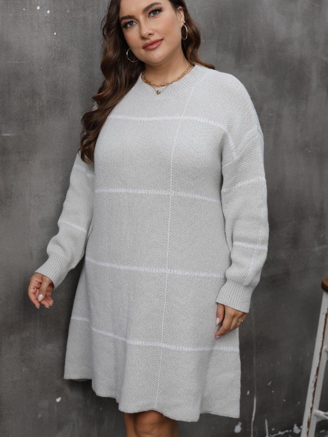 Plus Size Round Neck Long Sleeve Sweater Dress - ClubOn