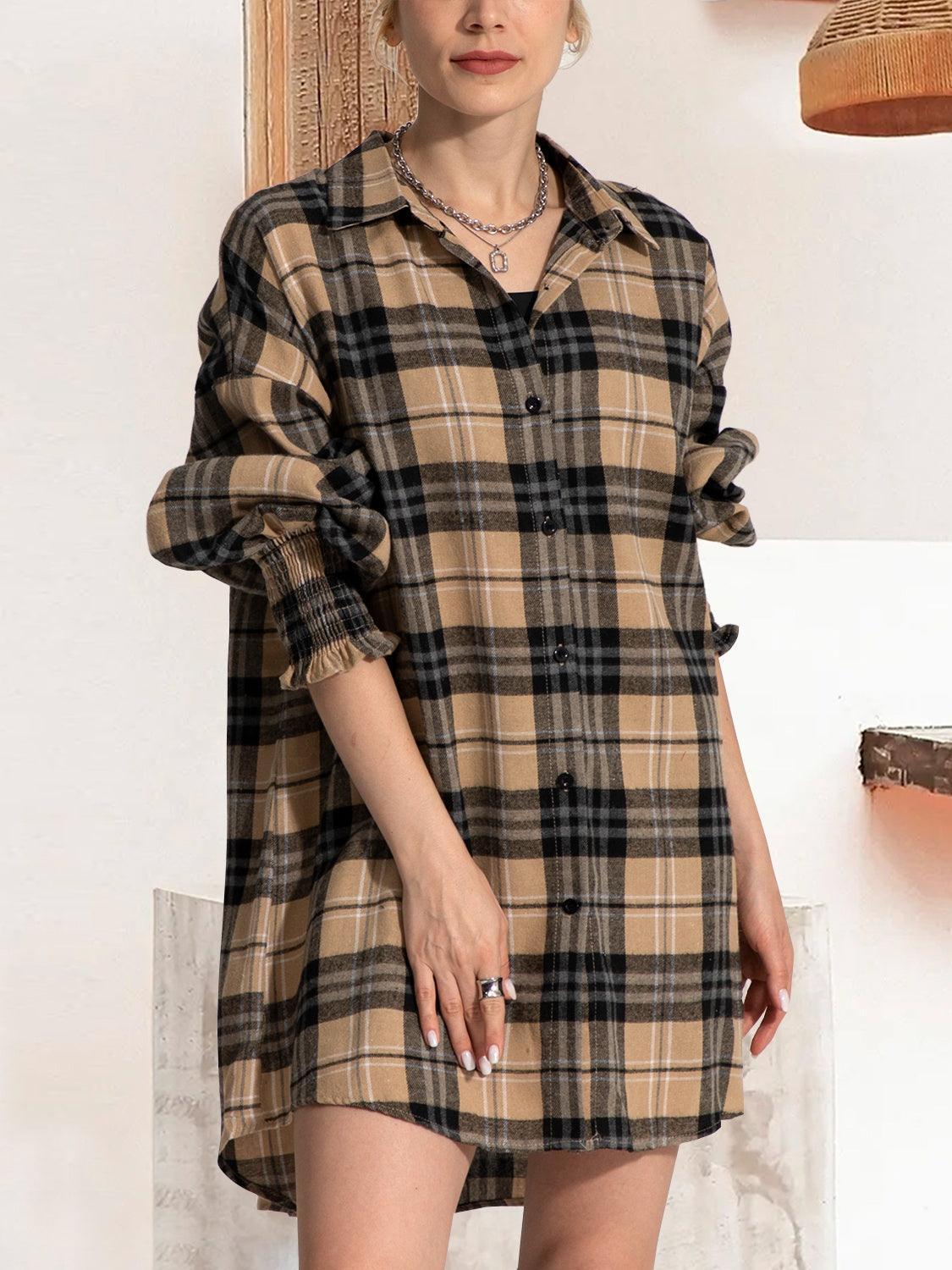 FAM-FAM Button Up Plaid Long Sleeve Shirt Dress - ClubOn