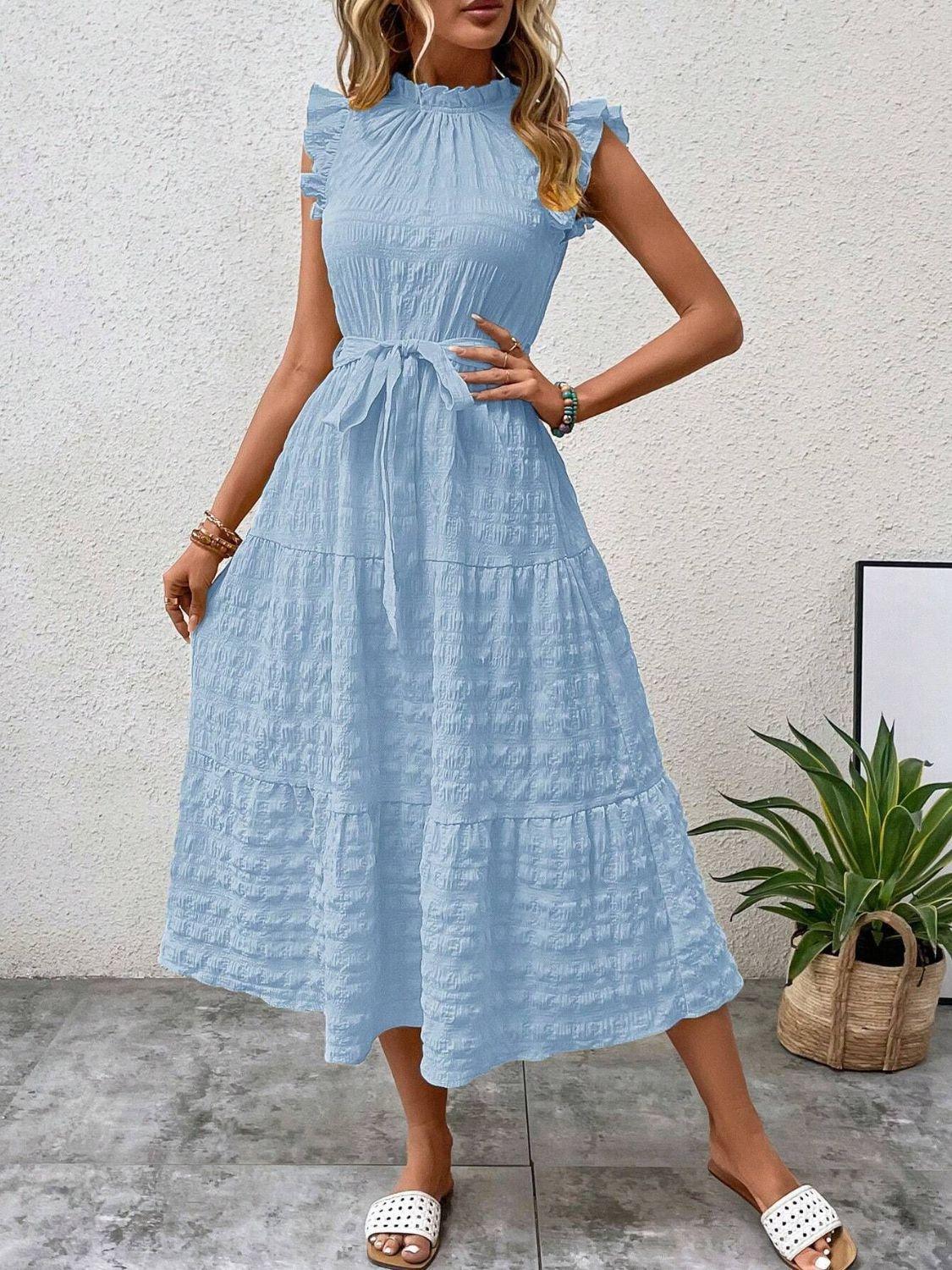 Tied Ruffled Cap Sleeve Midi Dress - ClubOn