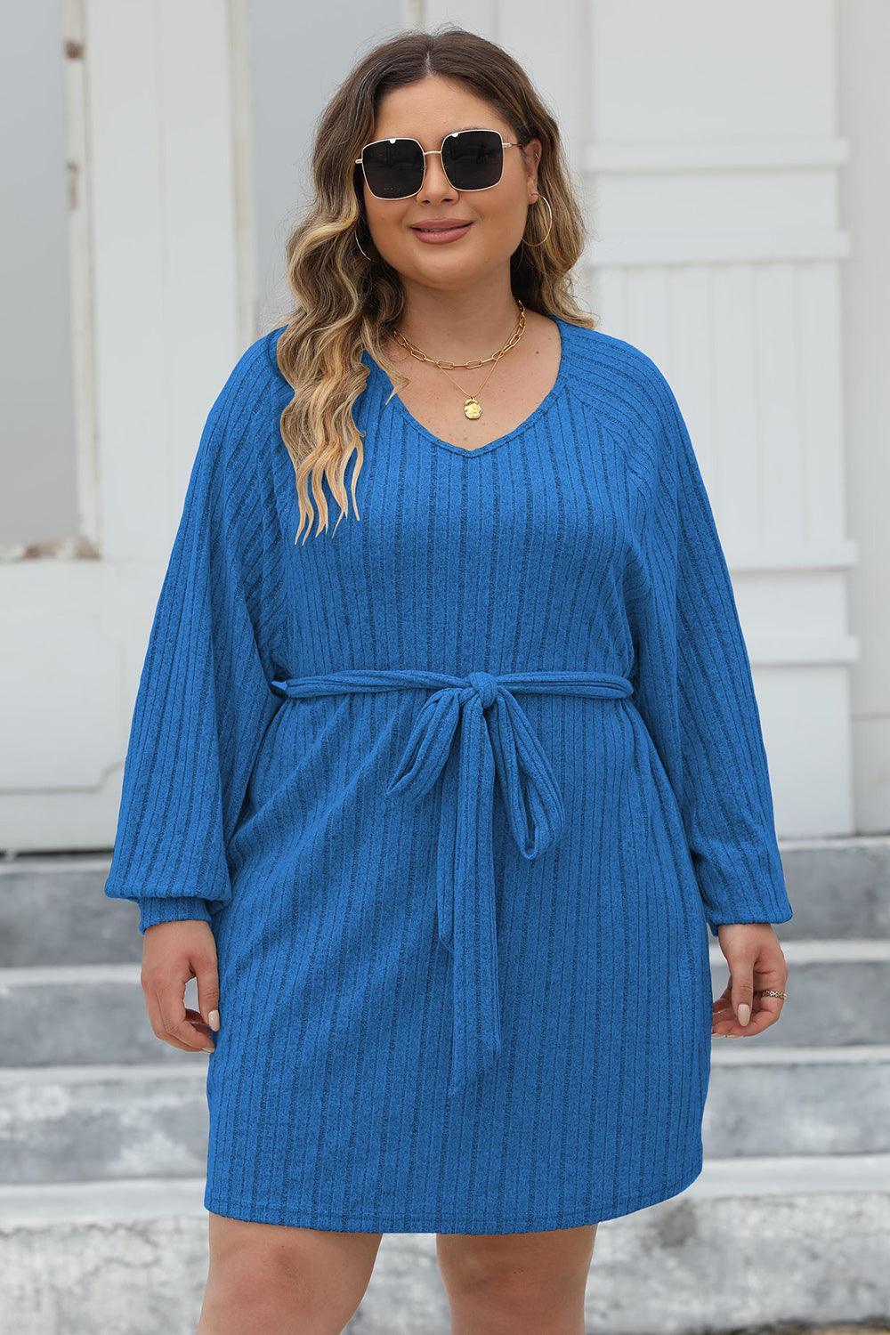 Plus Size Ribbed Tie Front Long Sleeve Sweater Dress - ClubOn