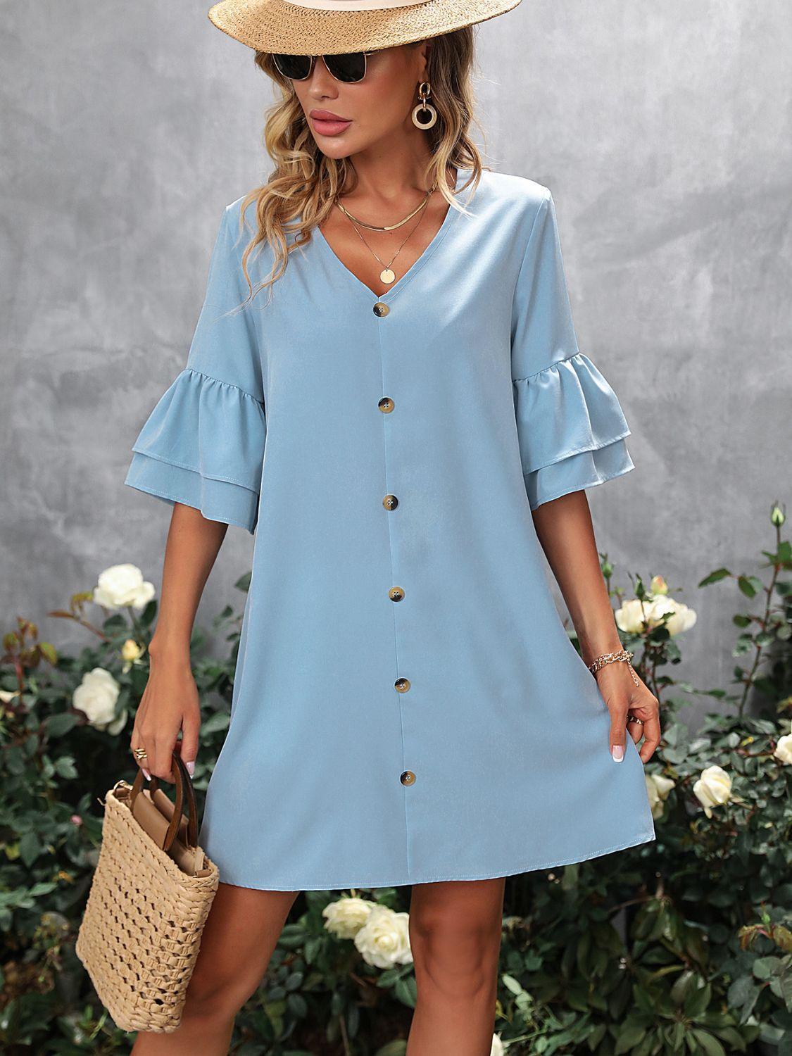 V-Neck Half Sleeve Mini Dress - ClubOn