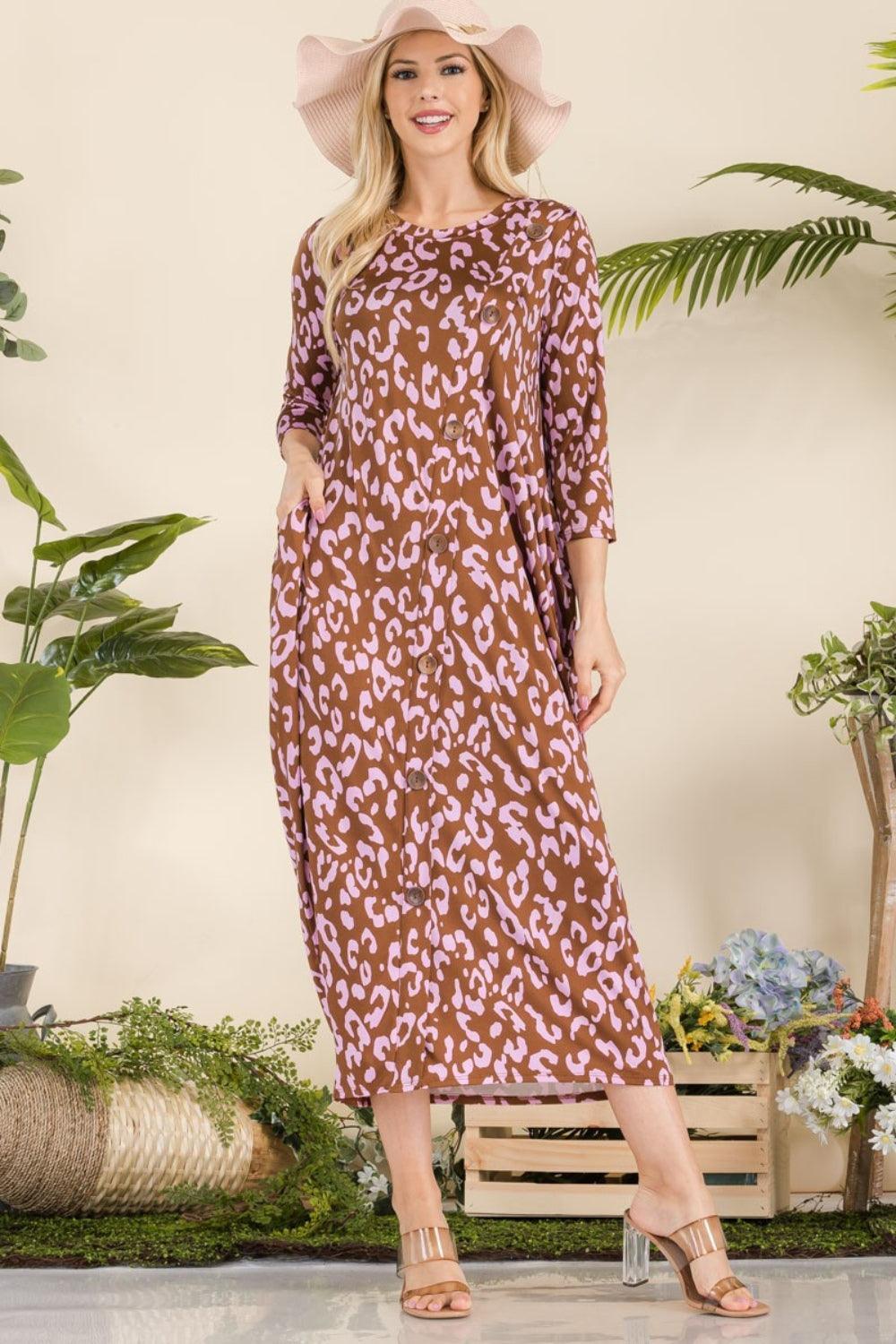 Celeste Full Size Leopard Contrast Dress with Pockets - ClubOn