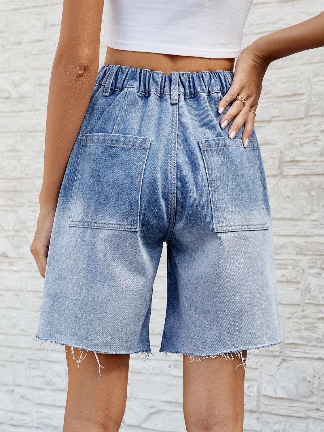 Buttoned Raw Hem Denim Shorts with Pockets - ClubOn