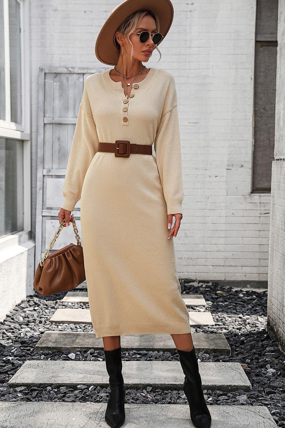 Decorative Button Notched Dropped Shoulder Sweater Dress - ClubOn