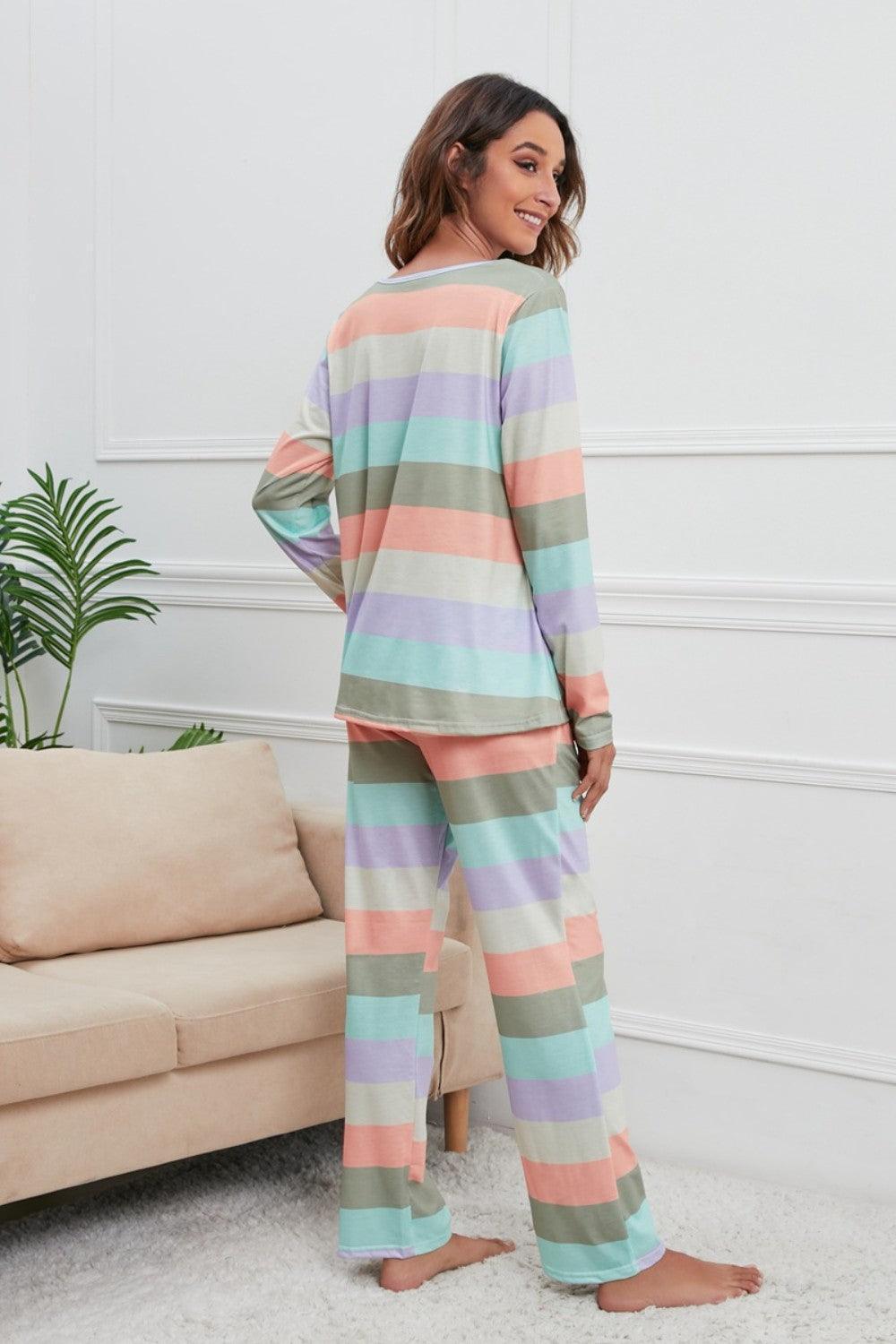 Striped Round Neck Long Sleeve Top and Drawstring Pants Lounge Set - ClubOn