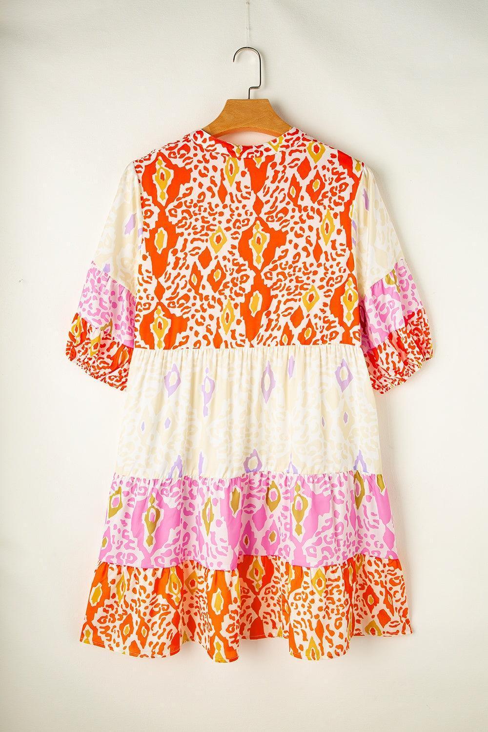 Plus Size Printed Notched Half Sleeve Dress - ClubOn