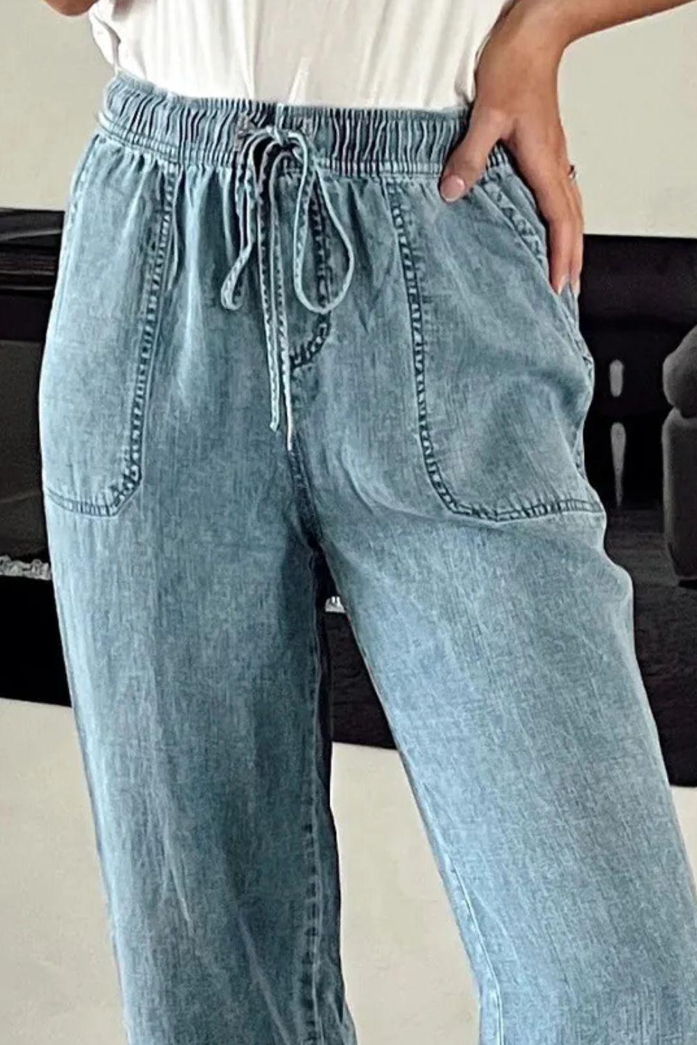 Drawstring High Waist Jeans with Pockets - ClubOn