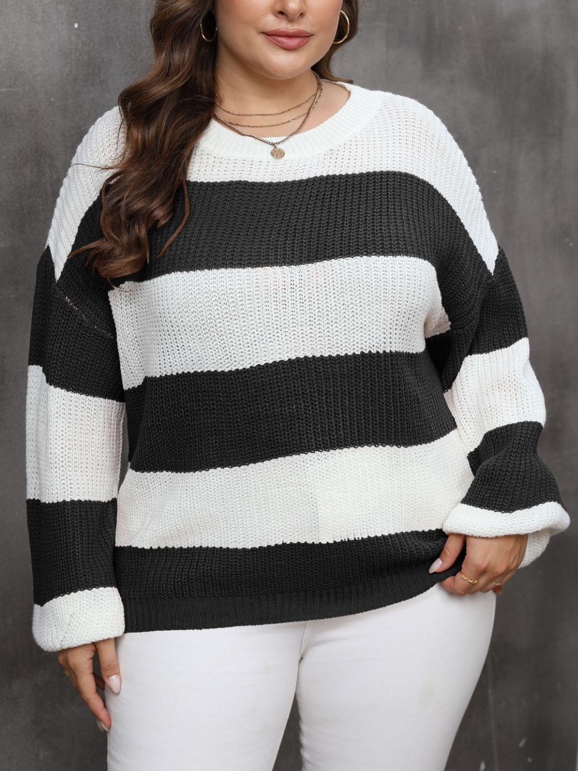 Plus Size Striped Round Neck Long Sleeve Sweater - ClubOn
