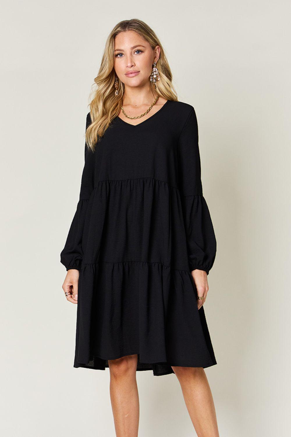 Double Take Full Size V-Neck Balloon Sleeve Tiered Dress with Pockets - ClubOn