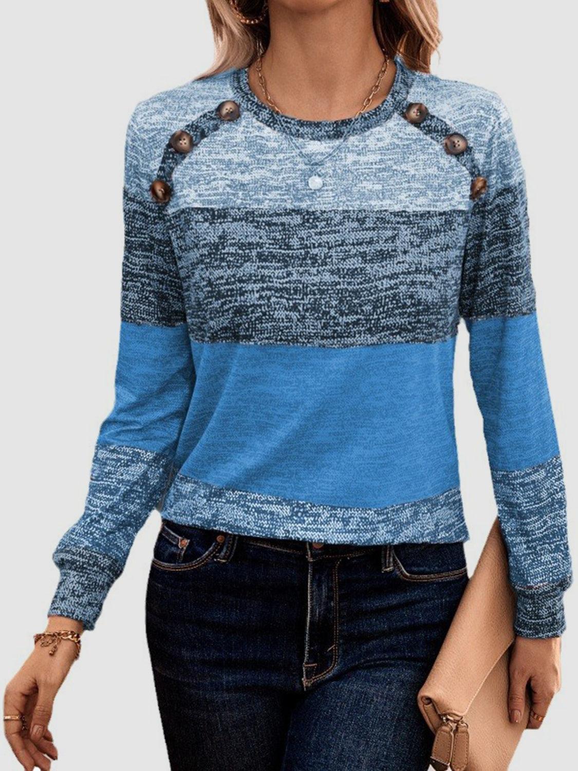 Decorative Button Contrast Round Neck Long Sleeve T-Shirt - ClubOn