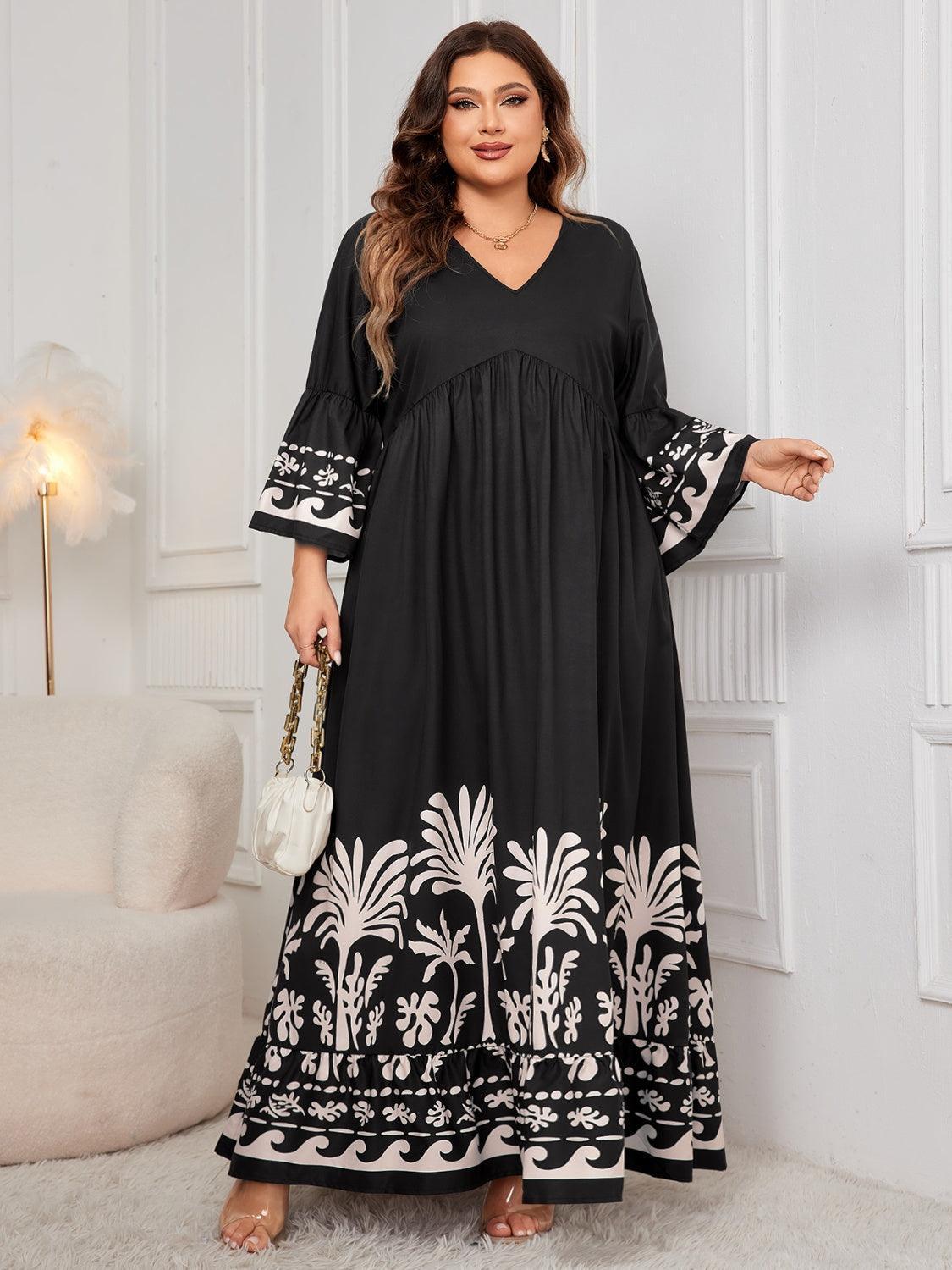 Honey Plus Size Printed V-Neck Long Sleeve Maxi Dress - ClubOn