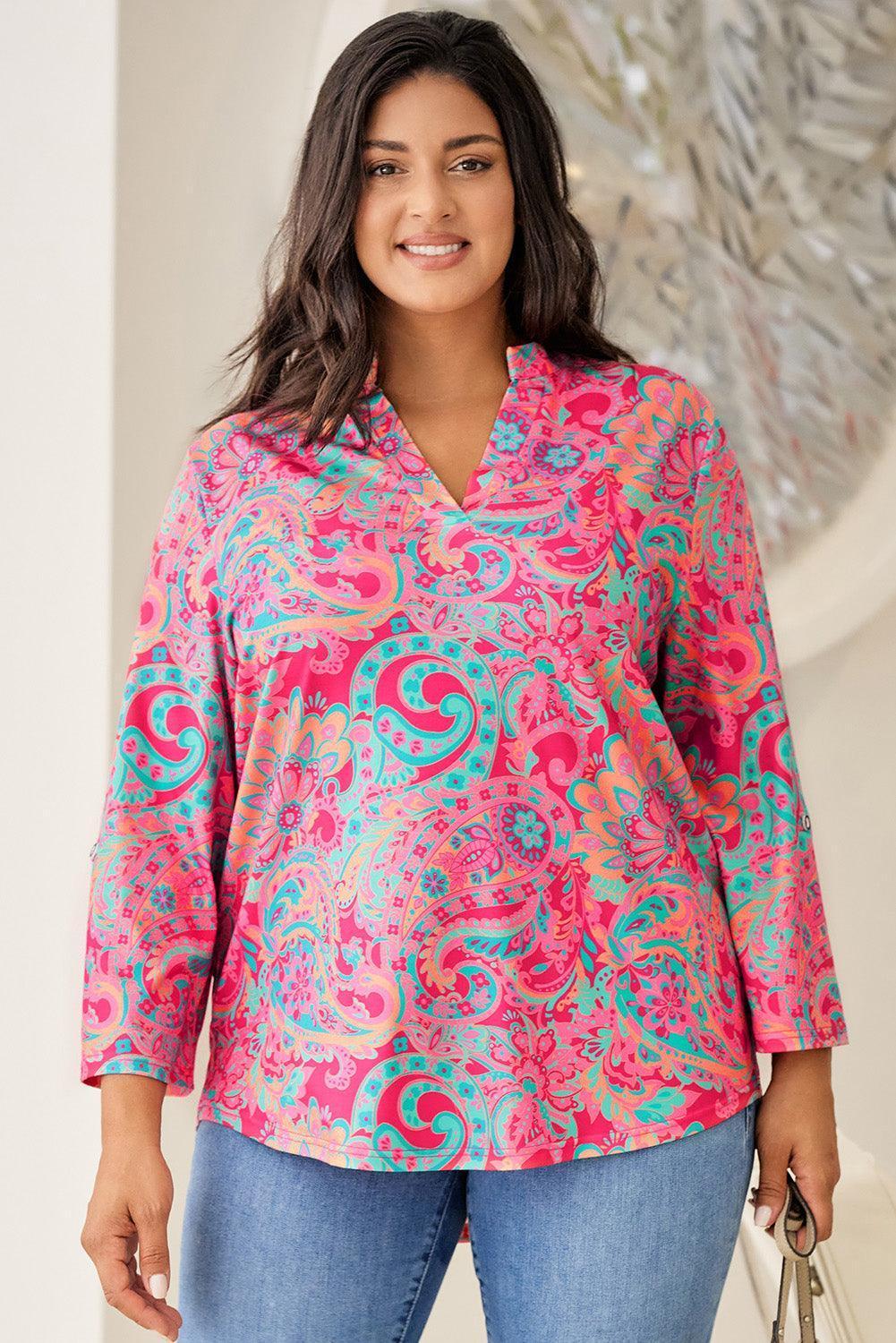 Plus Size Printed Notched Long Sleeve Blouse - ClubOn