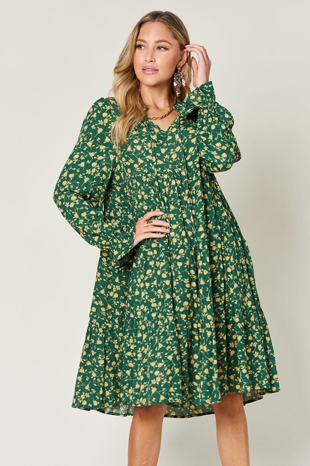 Double Take Full Size Printed Ruffle Hem Long Sleeve Tiered Dress - ClubOn