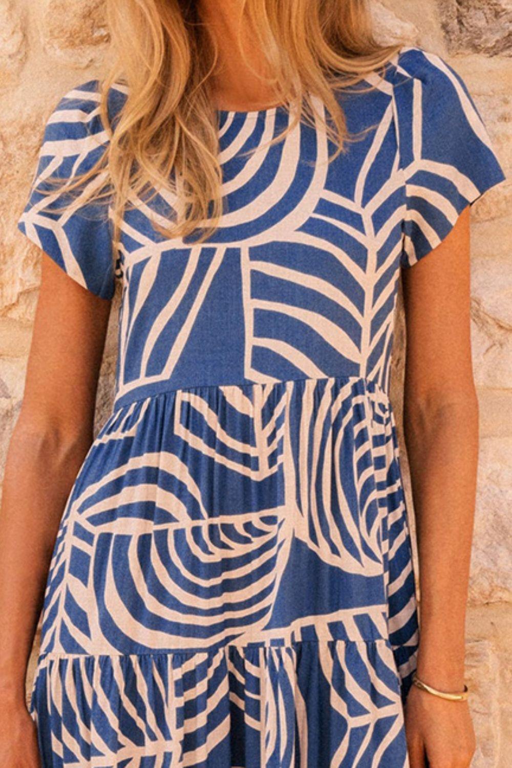 Tiered Printed Round Neck Short Sleeve Dress - ClubOn