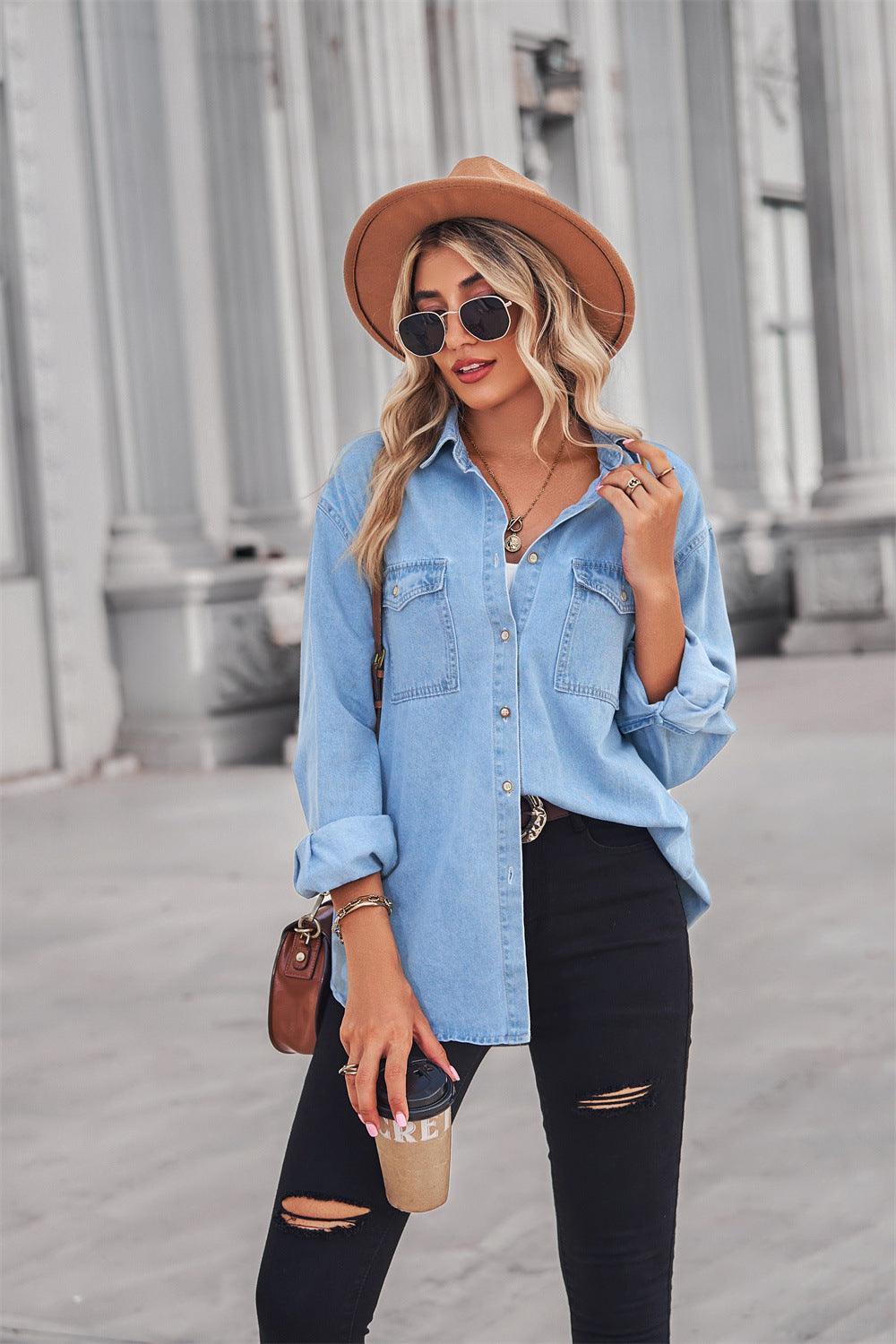 Collared Neck Dropped Shoulder Denim Top - ClubOn