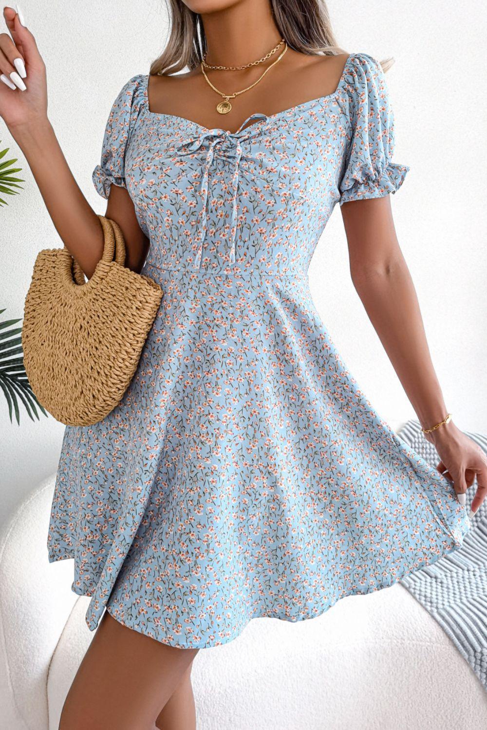 Ditsy Floral Drawstring A-Line Dress - ClubOn
