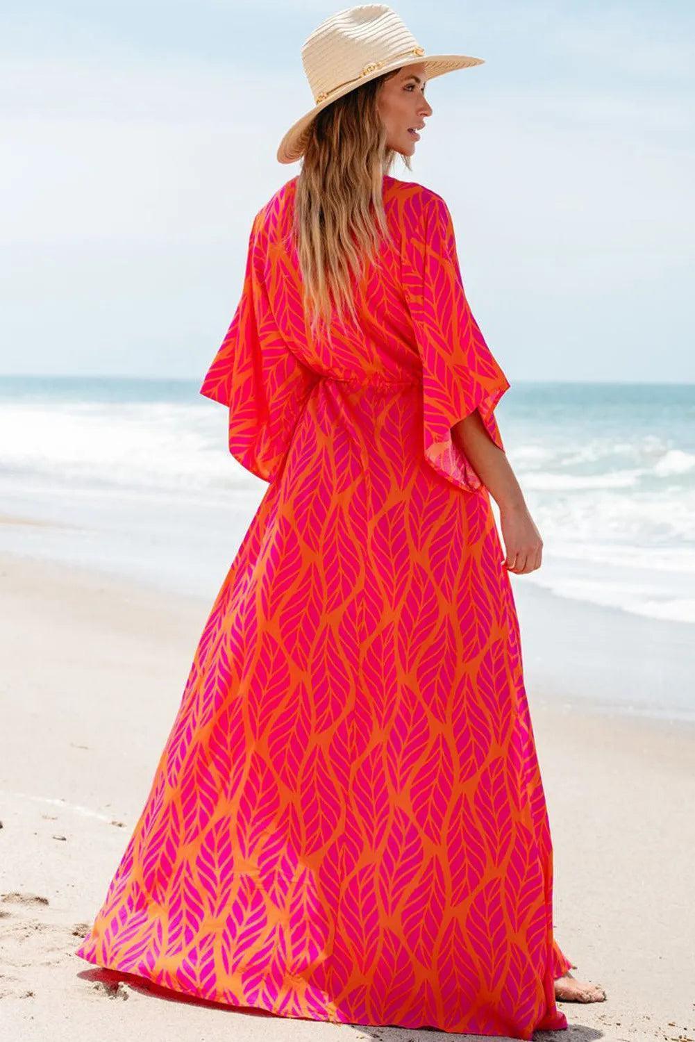 Drawstring Printed V-Neck Maxi Dress - ClubOn