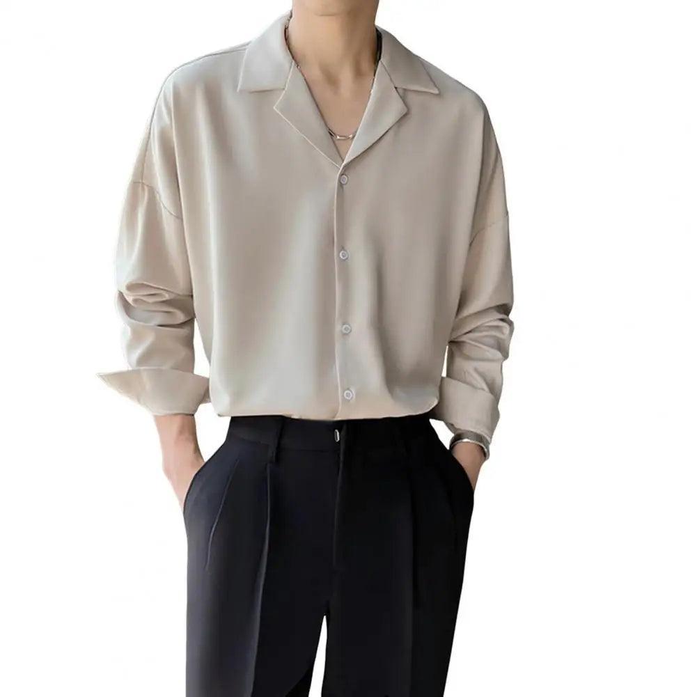 Men's Spring Cuban Neck Shirt - Casual Solid Color Long Sleeve Top - ClubOn
