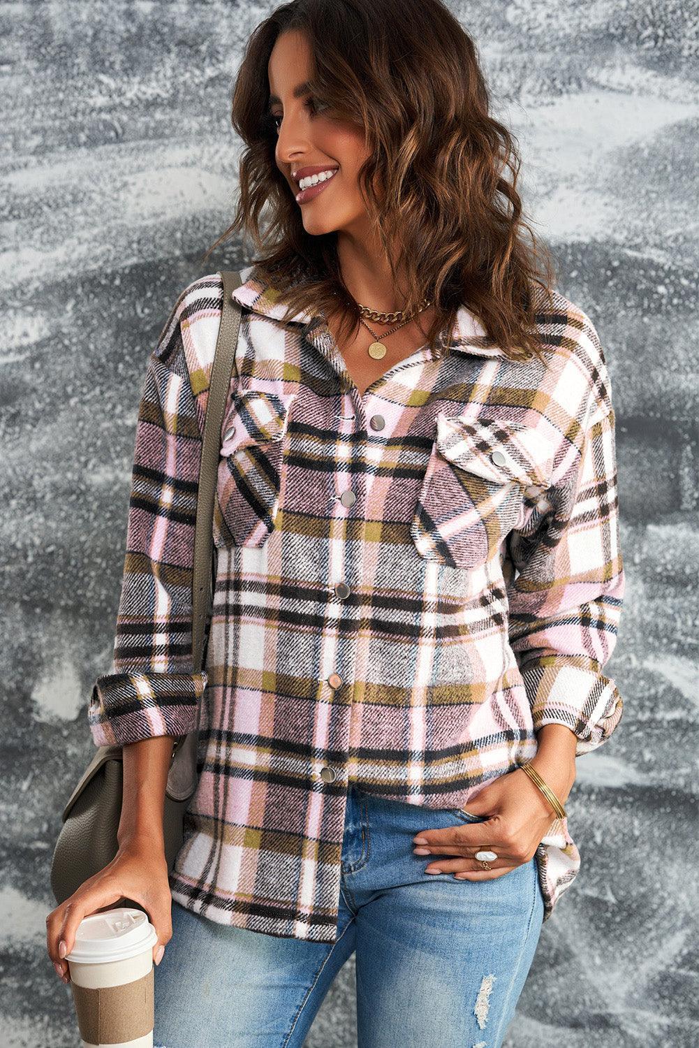 Double Take Plaid Button Front Shirt Jacket with Breast Pockets - ClubOn