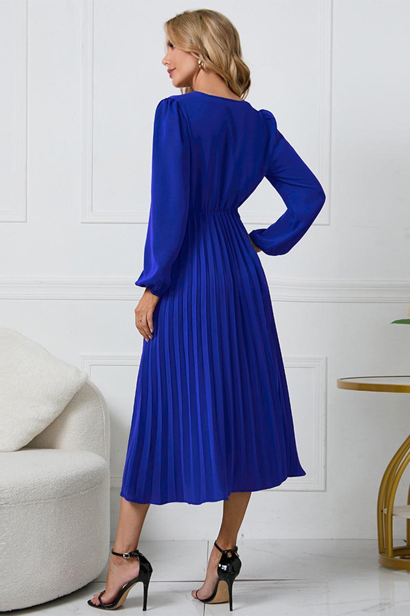 V-Neck Long Sleeve Tie Waist Midi Dress - ClubOn