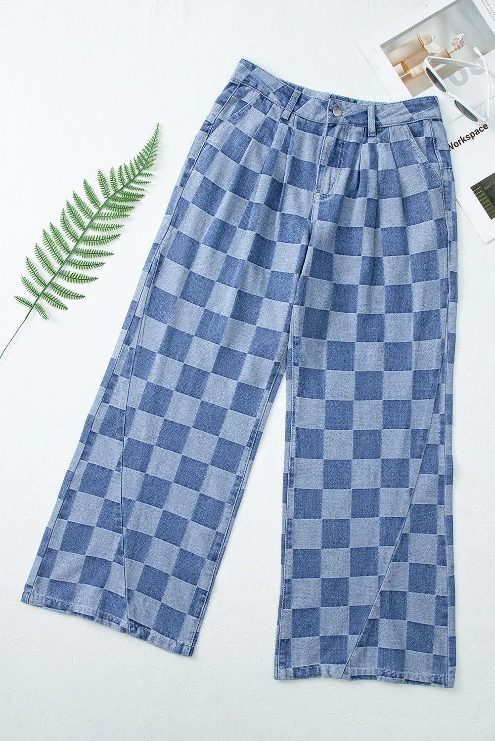 Checkered Wide Leg Jeans with Pockets - ClubOn