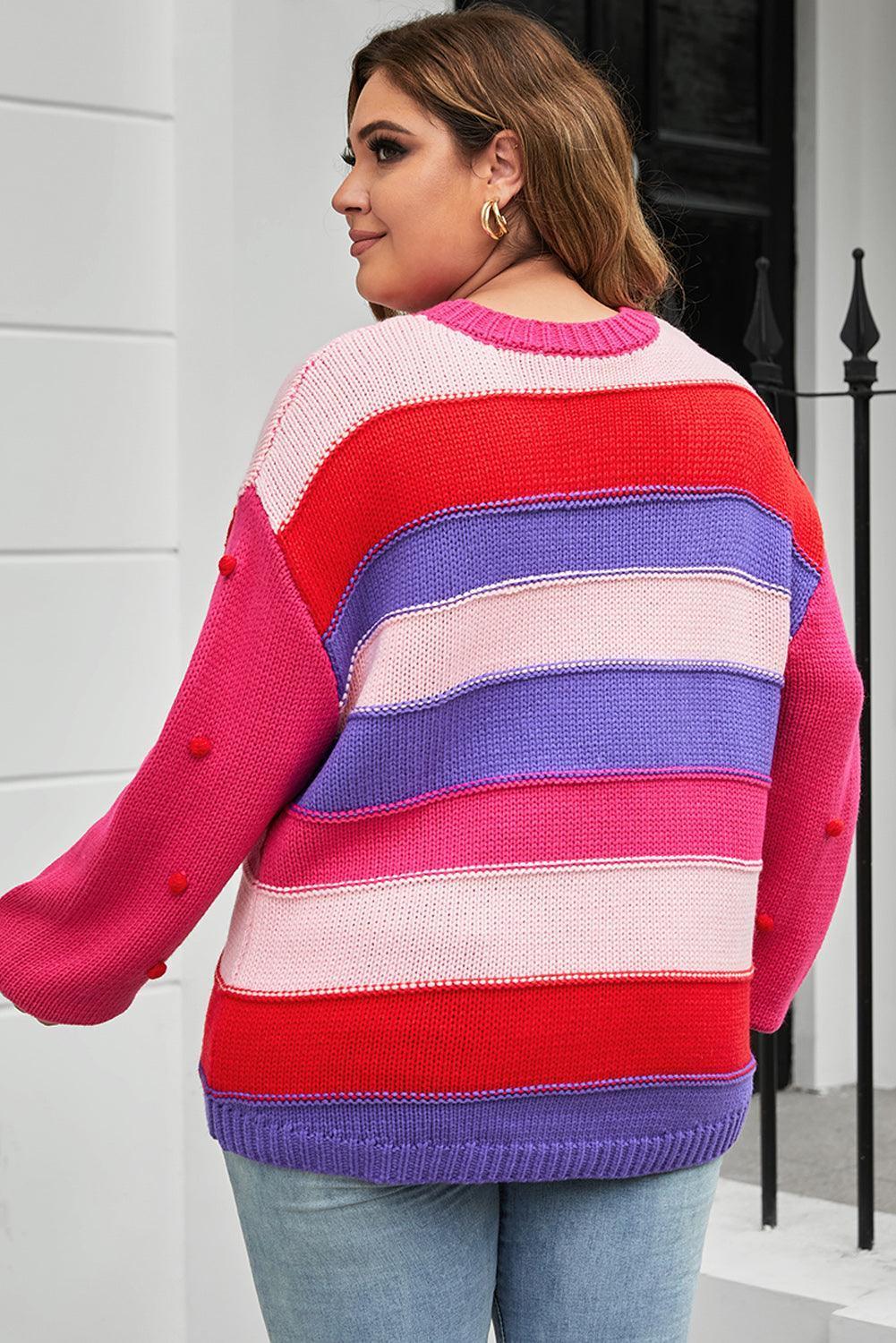 Plus Size Color Block Pom-Pom Trim Sweater - ClubOn