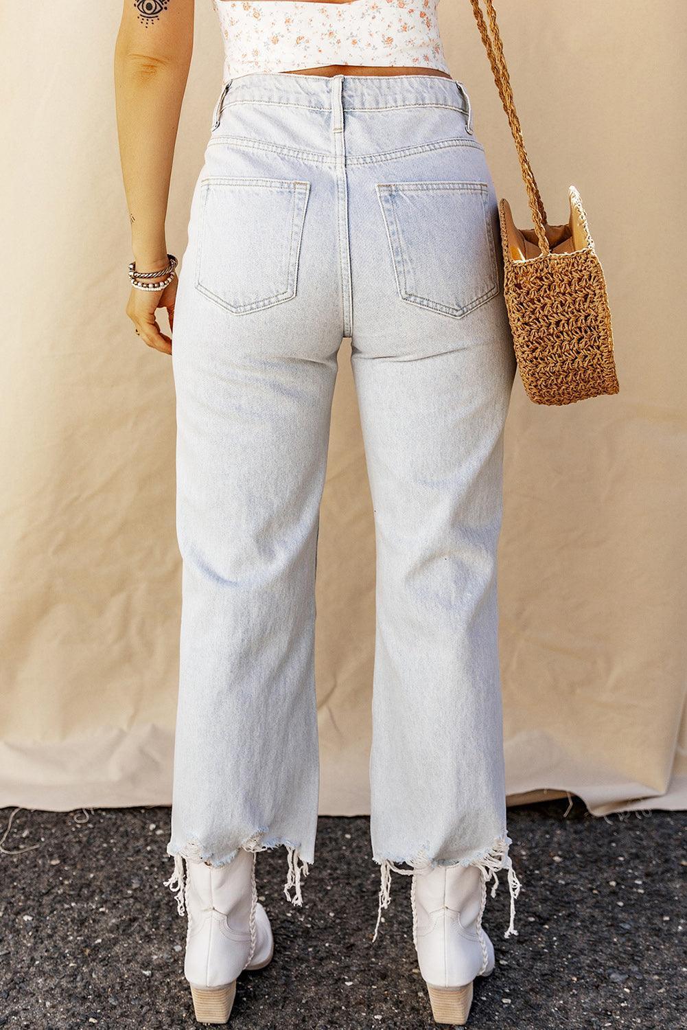 Distressed Raw Hem Jeans with Pockets - ClubOn