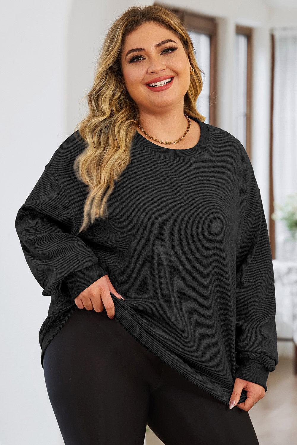 Plus Size Round Neck Dropped Shoulder Sweatshirt - ClubOn