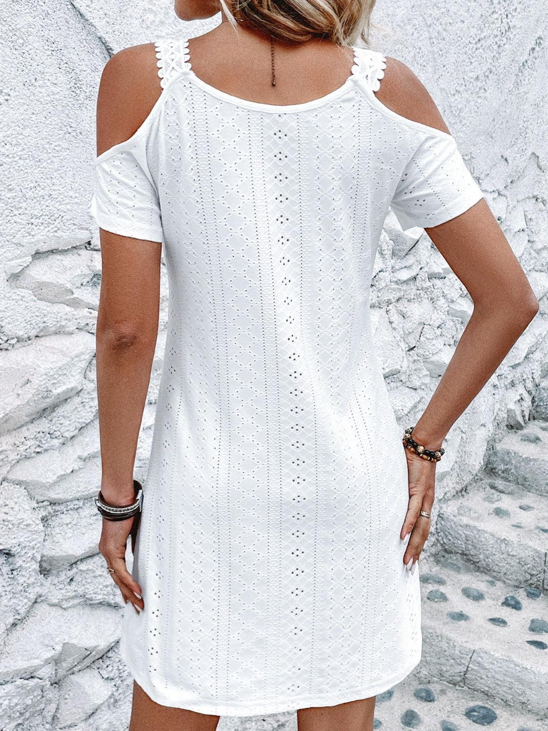 Eyelet V-Neck Cold Shoulder Mini Dress - ClubOn
