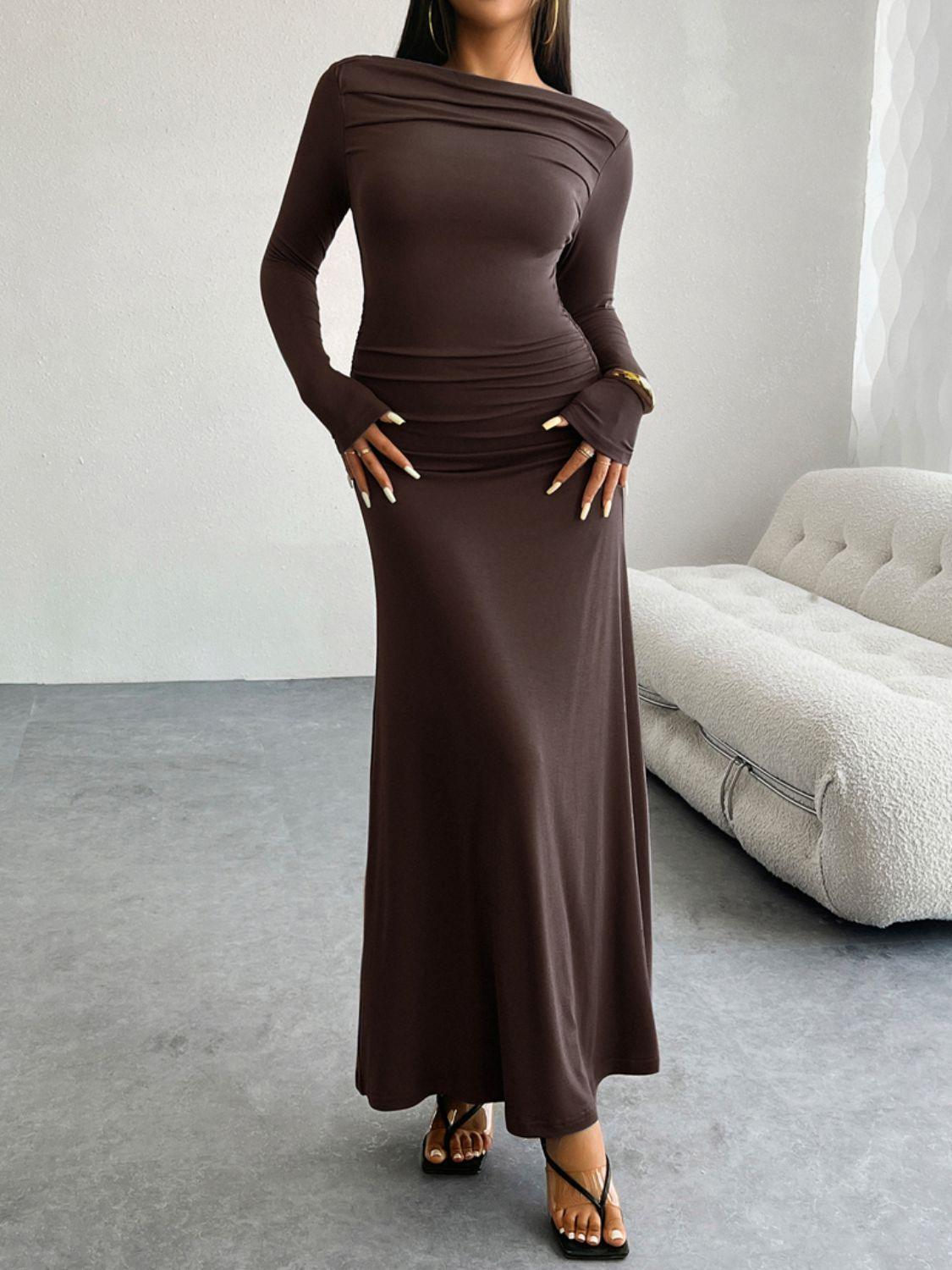Devine Ruched Long Sleeve Maxi Dress - ClubOn